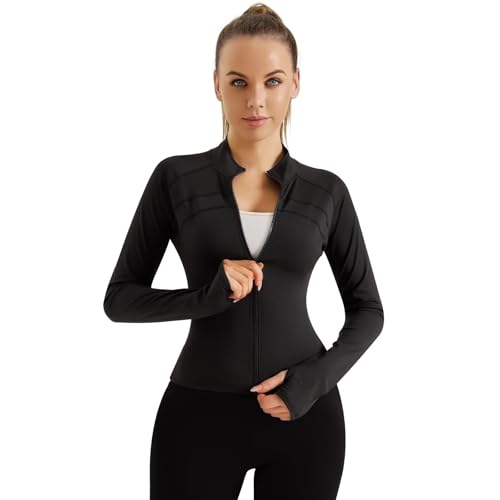 TERODACO Running Jacket Women Thumb Hole Zip Up Gym Tops Womens Long Sleeve Lightweight Sports Top Ladies Workout Cycling Athletic Shirts,Breathable Quick Dry Slim Fit