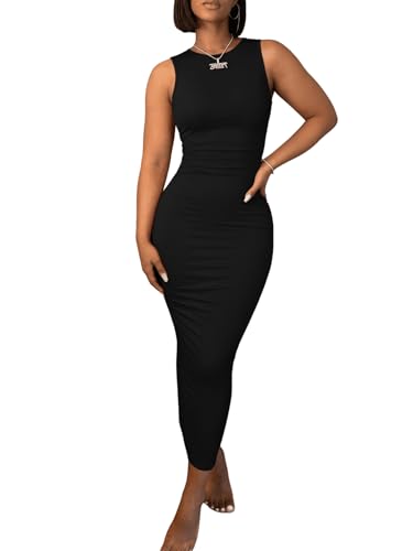 Image of Ulovmi Women's Maxi Bodycon Summer Dress Long Formal Ruched Sundress Elegant Casual Tank Sleeveless Dress Party Cocktail
