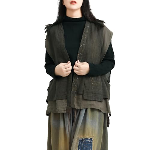 LZJN Women's Linen Double-Layer Vest Sleeveless Cardigan Open Front Kimono Boho Vintage Waistcoat with Pockets Handwoven2