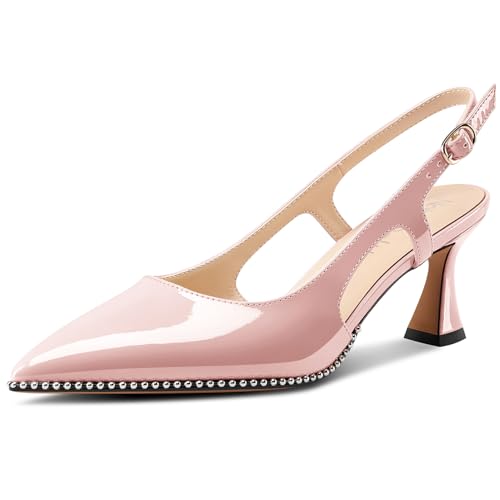 NobleOnly Femmes Fermé Pointu Bout Mi Kitten Talon Heel Slingback Escarpins Boucle Dress Décontracté Slip-on Chaussures 6.5 CM Heels Rose Pâle 39 EU