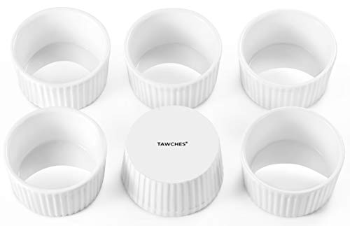 Bone China Ramekins for Baking 4 oz set of 6, White Custard Cups Creme Brulee Dishes Souffle Cups for Serving and Cooking TAWCHES