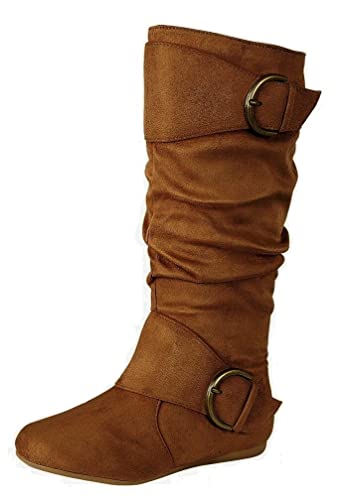 Image of Forever Link Women's Closed Round Toe Buckle Slouch Flat Heel Mid-Calf Boot, 5, Tan Suede