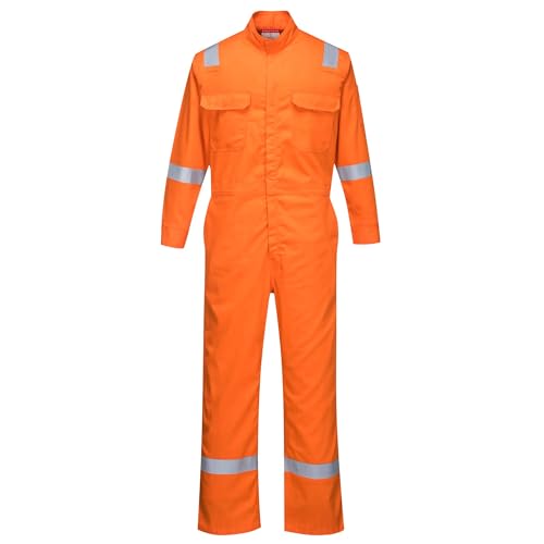 Image of Portwest FR94 Bizflame Fire Resistant Coverall with FR Reflective Tape ASTM NFPA, Orange, Large | Orange, Large, Regular, Dual Hazard, 88 /12 Cotton Nylon, Lightweight, Arc Rated