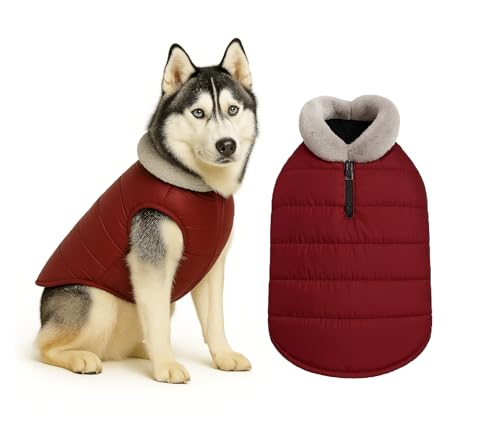 Image of The Pets Company Dog Winter Coat Jacket, Cloth, Windproof, Waterproof, Light Weight, Washable, Ultra Warm Thick Fleece Lined Dog Vest for Cold Weather Protection, (Maroon, Medium - Large - 22 Inch)