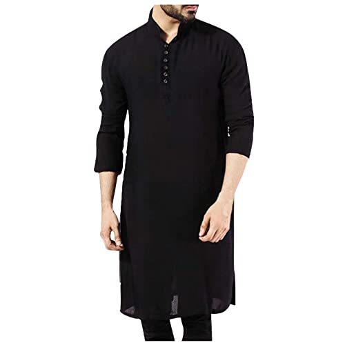 Men's Casual Arabian Style Shirts Long Sleeve Button Stand Collar Lightweight Pullover Solid Muslim Robe Long Thobe