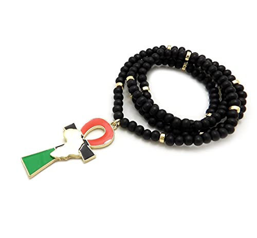 Ankh Cross with Africa Map 6mm/30" Wooden Beads Hip Hop Chain Fashion Necklace RC4390 (Gold)2