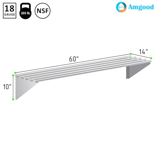 Image of AmGood 14 in. x 60 in. NSF Stainless Steel Tubular Wall Shelf | Heavy-Duty Metal Shelving for Appliances & Equipment | Ideal for Kitchen, Restaurant, Garage, Laundry, Utility Room