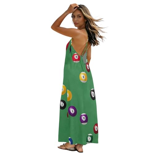 Robe longue à bretelles spaghetti femme vêtement dos nu imprimé boules de billard vertes