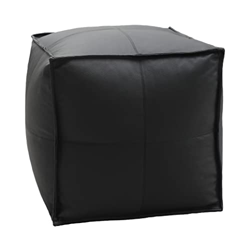 COTTON CRAFT Genuine Leather Pouf Stuffed Ottoman Hassock Foot Stool Bean Bag - Handmade Prefilled Comfortable Moroccan Luxury Seating - Classic Contemporary Home Accent Furniture -17x17 Square- Black