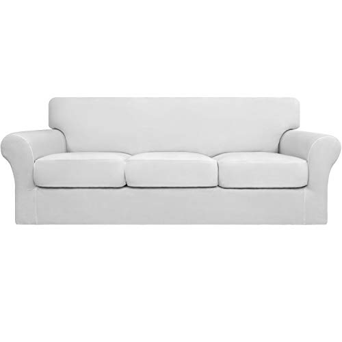 Image of Easy-Going 4 Pieces Stretch Soft Couch Cover for Dogs - Washable Sofa Slipcover for 3 Separate Cushion Couch - Elastic Furniture Protector for Pets, Kids (Sofa, Snow White, Large) | Sofa Slipcover for Stretch 3 Separate Sectional Cushion Couch - Furniture Protector for Pets, Kids Snow White