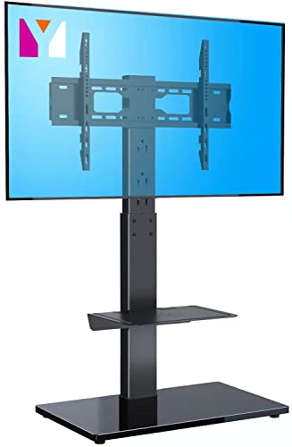 YOMT TV Stand with Mount for Most 32 to 65 inch LCD LED Flat or Curved Screens TVs,Universal Floor TV Stand with Shelves for Small Spaces,Sturdy and Swivel,Black