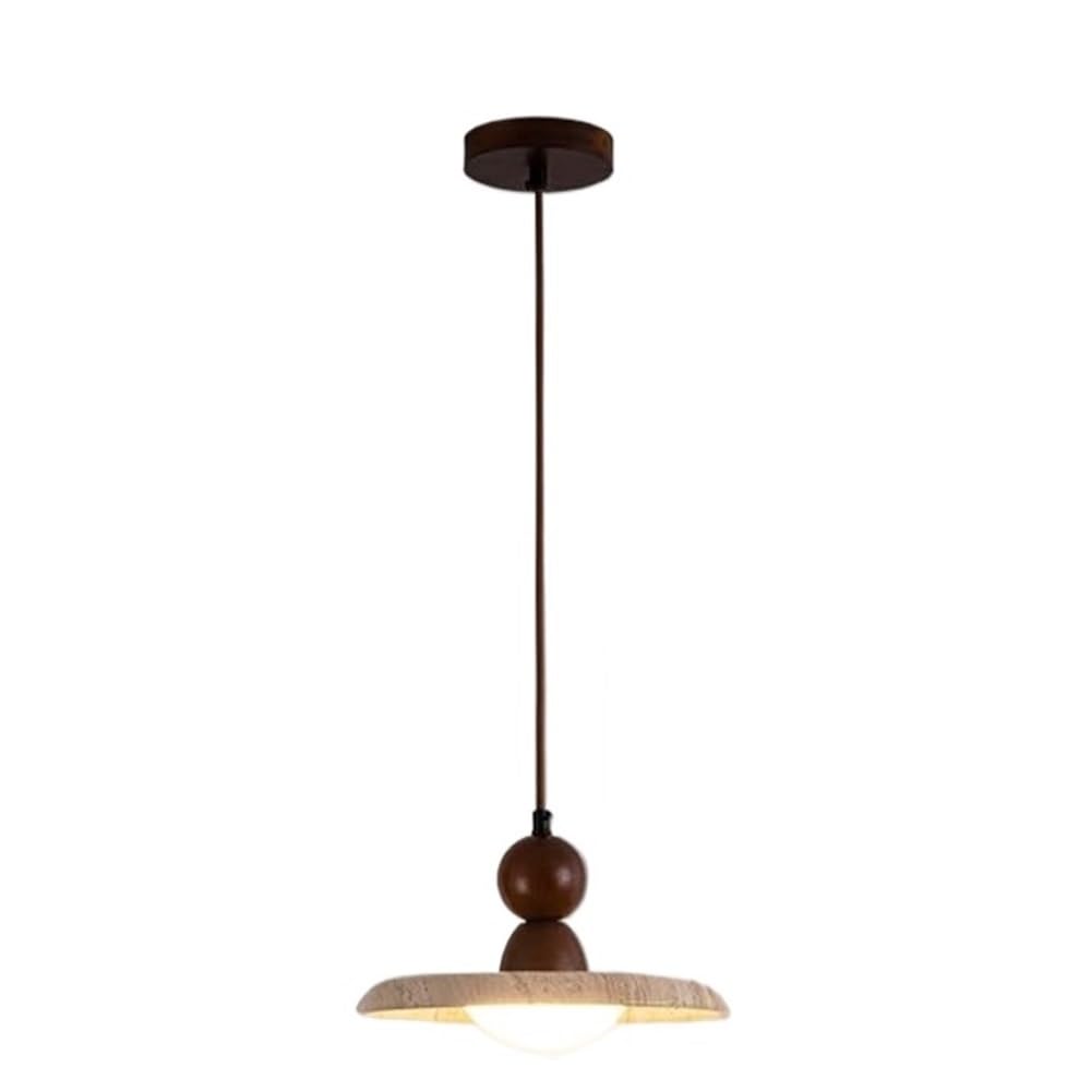 LYMSXAZOU Japanese Retro Adjustable Height Disc Hanging Lamp Yellow Travertine Body Pendant Light Fixtures Solid Wood Accent 3-Color Dimmable Chandelier for Bedroom Living Room