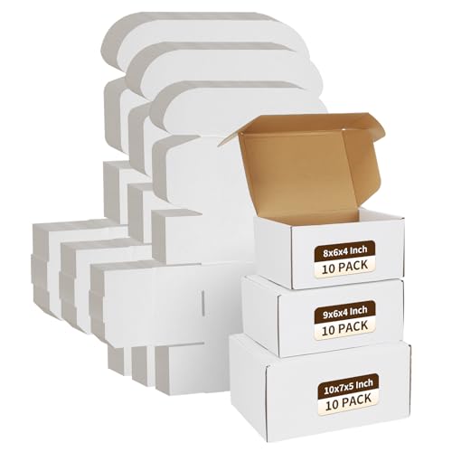 Image of WIFTREY 30 Pack Assorted Sizes Shipping Boxes, 10X7X5 & 9X6X4 & 8X6X4 Small shipping box White, 10 PCS Each Corrugated Cardboard Box for Packaging Small Business, Mailing