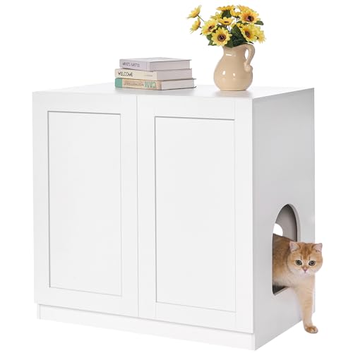 BEWISHOME Tall Litter Box Enclosure, Simple Hidden Litter Box Furniture with Removable Divider, Fit Most of Cat Litter Robot Indoor Pet House as Sideboard Cabinet White CMW12W