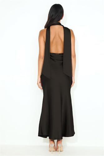 Image of 2026 Women's Satin Halter Deep V Neck Wedding Guest Maxi Dresses | Summer,Backless,Silky,Sleeveless,Open Back,Wedding Guest,Cocktail,Party,Date night,Engagement,Elegant,Long Dresses