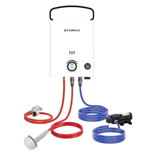 CAMPLUX First 5L Chauffe-Eau à Gaz Portable avec Pompe à Eau, Butane (28-30 mbar)/ Propane (37 mbar), pour Douche Extérieure/Camping/Caravaning, F5 Pro
