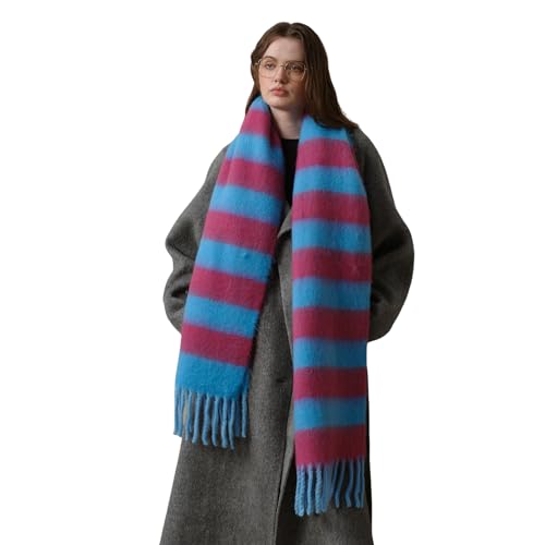 Women's Fall Winter Chunky Scarves Big Thick Warm Knit Blanket Scarf Long Oversized Striped Tassel Shawls Wraps (Blue Rose Red)