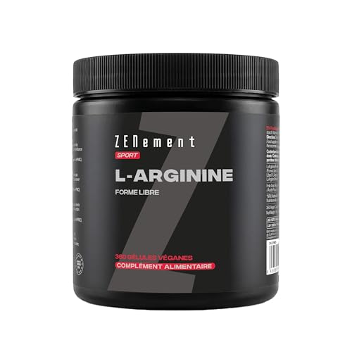 L-Arginine 5600 mg par Dose Journalière en Forme Libre – avec Vitamine B9 – 100% Acide Aminé Pur – 360 Gélules Véganes – Zenement