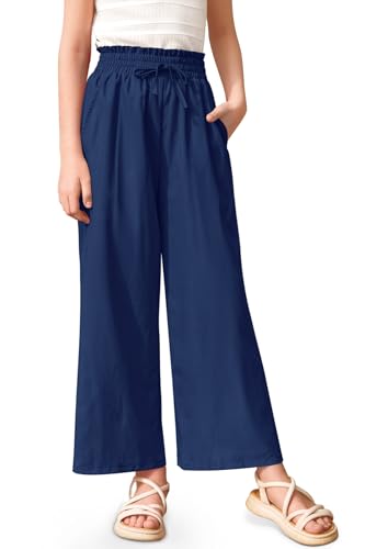 Image of Girls Summer Floral Wide Leg Pants High Waisted Flowy Dress Trousers with Pockets for School Lounge Beach 5-14 Years