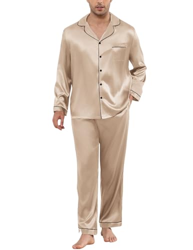 Image of Veseacky Mens Silk Satin Pajamas Set Short Sleeve Sleepwear Button-Down Pjs Sets Two-Pieces Loungewear with Pockets S-XXL