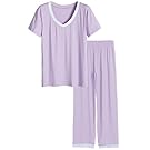 Latuza Women's V-neck Sleepwear Short Sleeves Top with Pants Pajama Set