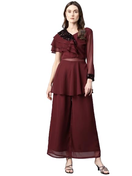 Women Red Embellished Ruffle Top with Trousers-image-43