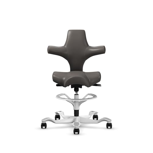 Image of HAG Capisco Sit to Stand Chair-White Frame-Upholstered Gray Ash Vinyl-with Foot Ring