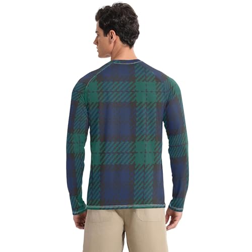Navy Blue Green Plaid Men's Swim Shirts UPF 50+ Elastic Comfort Mens Sun Protection Long Sleeve Summer2