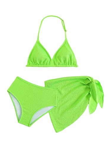 Image of RoseSeek Girl's 3 Piece High Wisted Bikini Set Backless Halter Bathing Suit Swimsuit Set with Cover Up Skirts
