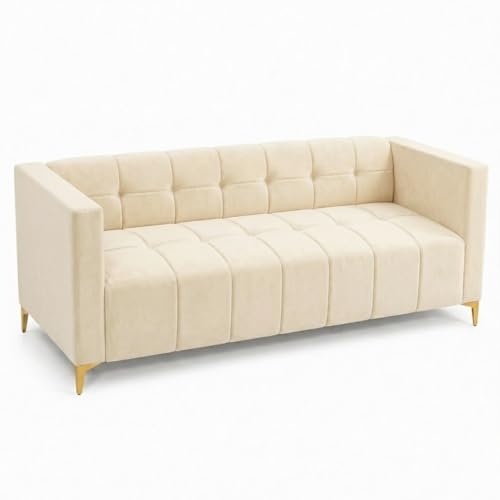 Image of FURNY Styliving 4 Seater L Shape Sofa Set with Movable Ottoman & Golden Legs | Flexible Left or Right Layout | Plush Velvet Fabric (Cream) | Perfect for Living Room, Guest Room & Office