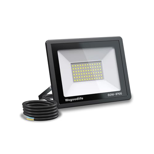 Wegoodlife 60W LED Strahler Außen, Superhell 6000LM LED Fluter, 6500K Kaltweiß Scheinwerfer, IP66 Wasserdicht Außenstrahler, Außenleuchte mit 50cm Kabel, Wandleuchte für Garten, Garage, Innenhöfe