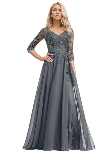 Image of IIF Lace Applique Mother of Bride Dresses 3/4 Sleeve Chiffon Long Mother of The Groom Dresses for Wedding IIF174