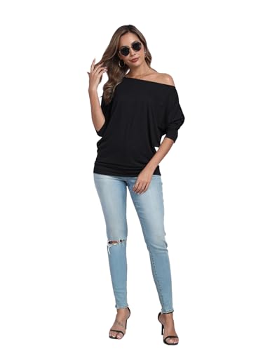 Poetsky Womens 3/4 Sleeve Shirts Sexy Off Shoulder Ruched Tops Loose Fitting Blouses3
