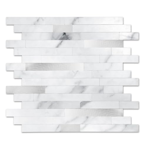 Yipscazo 20 hojas de azulejos de metal de piedra para despegar y pegar, azulejos adhesivos para cocina, baño, lavandería, cámper, chimenea (12 x 12 pulgadas, mármol blanco con metal)