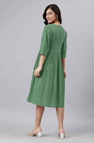 Image of Janasya Women's Cotton Solid Flared Dress