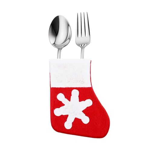 Trimming Shop 1pc Christmas Knit Sock Cutlery Holder Silverware Spoon and Fork Holder Pocket Pouch, Snowflake Print Xmas Stockings Knitted Santa Socks