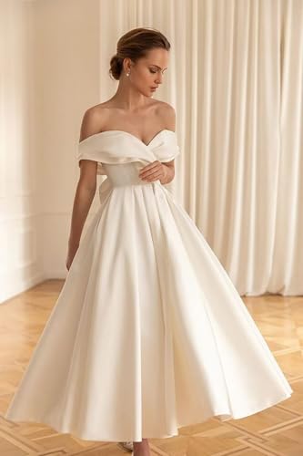 Image of Women's Satin Tea Length Wedding Dresses for Bride Simple Midi A Line Formal Bridal Gowns White Off The Shoulder Courthouse Wedding Dress for Bride US14