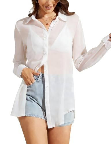 Arssm Sheer Tops for Women Sheer Button Up Blouse Long Sleeve Sexy See Through Tops Mesh Shirts