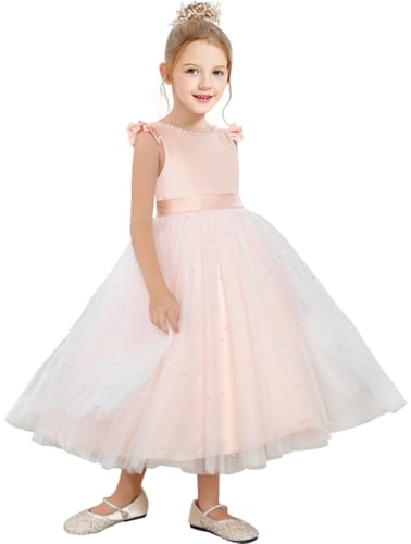 Princess Pearls Flower Girls Dress Tulle A-Line Wedding Party Dresses Prom Puffy Ball Gowns with Bow-Knot T022