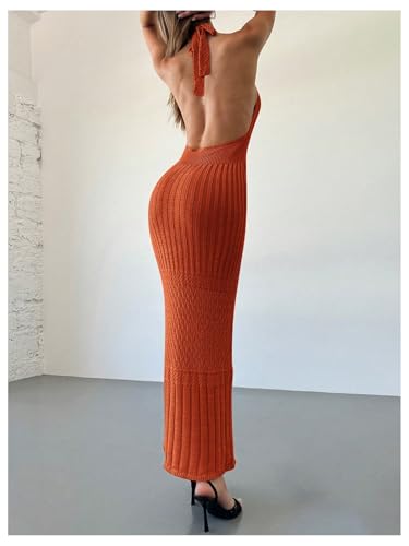 Image of GORGLITTER Women's Halter Backless Knit Dress Crochet Maxi Dresses | Open Back Dress, Knitted Long Bodycon Dresses, Deep V Neck, Resort Wear, Going Out Vacation Outfits