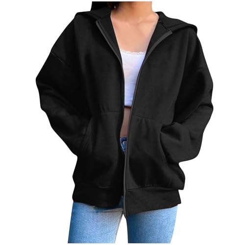 Sudaderas Mujer Cremallera Colores Sólidos Fina Casa Chaqueta Mujer Primavera Ropa Invierno Chandal con Capucha Popular Running Hoodie Sencillo Negro XL