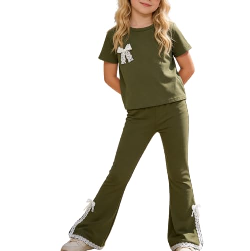 OLMRJKD Girls Clothes Summer Short Sleeve Lace Bow Print Top Flared Pants 2PCS Set Little Girl Outfits Size 7-14(7-8Y)