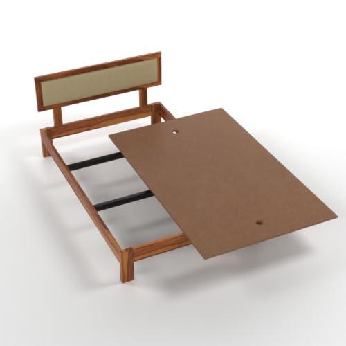 Image of Solid Sheesham Wood Single Bed Without Storage for Bedroom | Single Size Wooden Cot with Upholstered Headboard | Modern Platform Divan Bed for Home, Guest Room (Honey Finish)