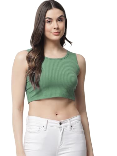 Image of POPWINGS Casual Pastel Green Solid Sleeveless Ribbed Crop Top for Women || Round Neck Summer Crop Top for Women || Crop Tops for Women Fancy Crop Top for Women