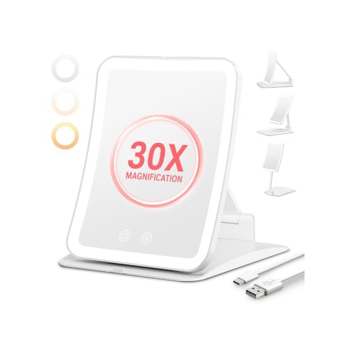 Auxmir 30X Kosmetikspiegel mit Beleuchtung 2000mAh Aufladbar Schminkspiegel mit 3 Lichtfarben Faltbar 30fach Vergrößerungsspiegel mit Licht LED Spiegel Reisespiegel Tischspiegel für Zuhause Reise