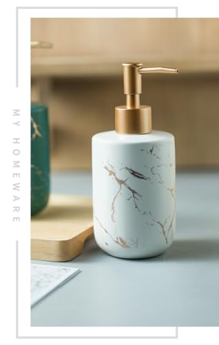 Image of Ceramic Soap Dispenser (Luxe White) - 400ml Refillable Lotion Shampoo Bottle Matte White & Gold Marbling Elegant Bathroom & Kitchen Counter Accessory Premium Pump Bottle