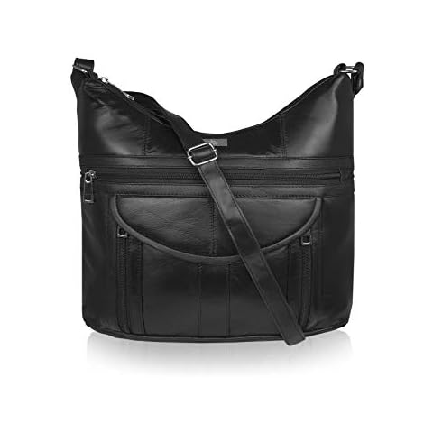 Quenchy London Ladies Designer Handbag in Soft Real Sheep's Leather - Shoulder Cross Body Bag with 7 Pockets - H30cm x H33cm x D9cm QL176 Black Cover