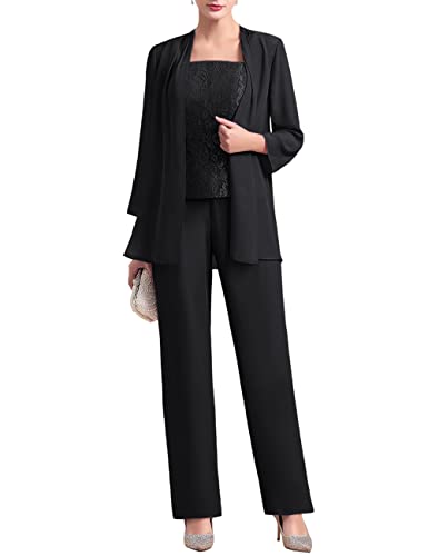 Zongqiven Women's Chiffon 3 Pcs Pants Suits Lace Mother of Bride Dress Sets Wedding Guest Formal Evening Black
