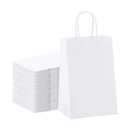 Pack 100 Bolsas de papel kraft para regalos con asas 23,8 cm x 31,8 cm x 11 cm. Bolsas para comercios, ir al la compra de papel biodegradable, reutilizables ideales para regalar (Blancas)