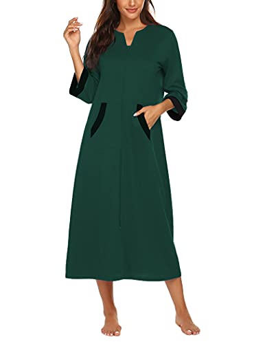 Image of Ekouaer Women Zipper Robe 3 /4 Sleeves Loungewear Dress Full Length Sleepwear Pockets Housecoat Nightgown Long Bathrobe